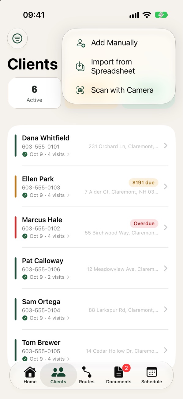 Clients tab, + menu