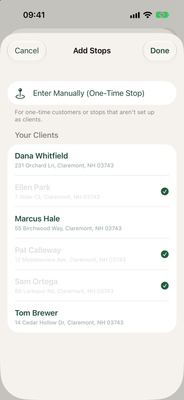 Add Stops client picker