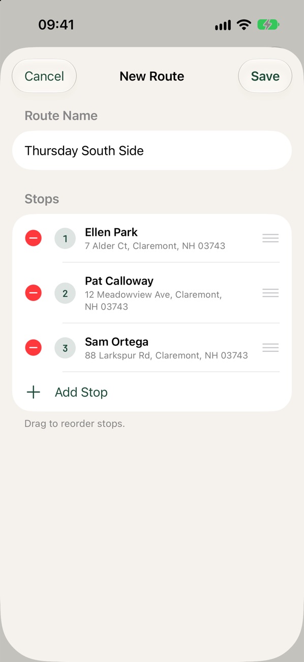 New Route sheet