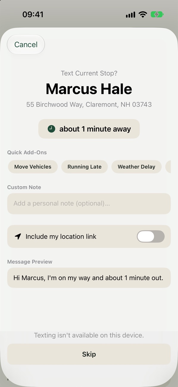 The text prompt for the next client, with quick add-ons, a custom note, the location link switch and a message preview